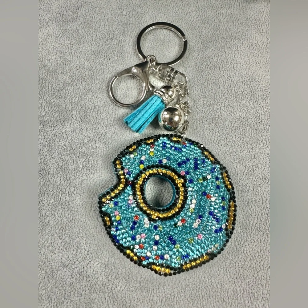 Blue Blingy Rhinestone Donut Tassel Key Ring And Lobster Clip Keychain